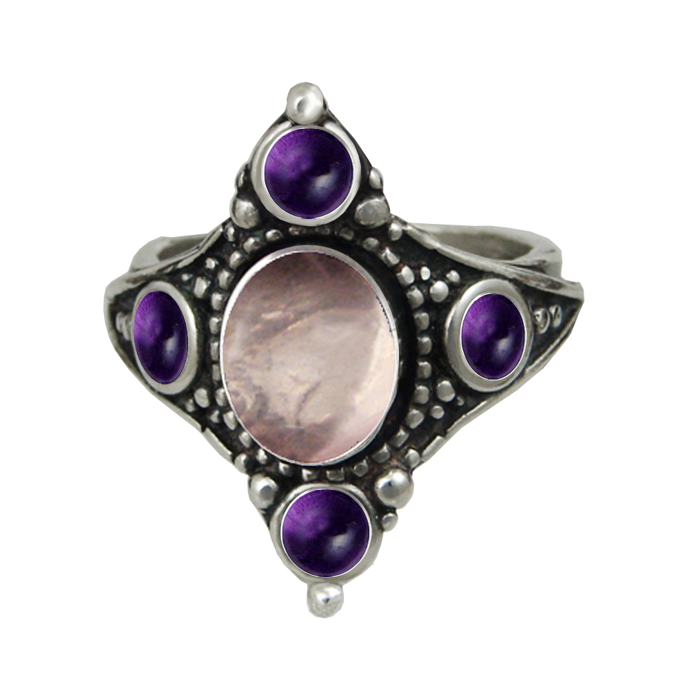 Sterling Silver Renaissance Queen's Ring With Rose Quartz And Amethyst Size 10